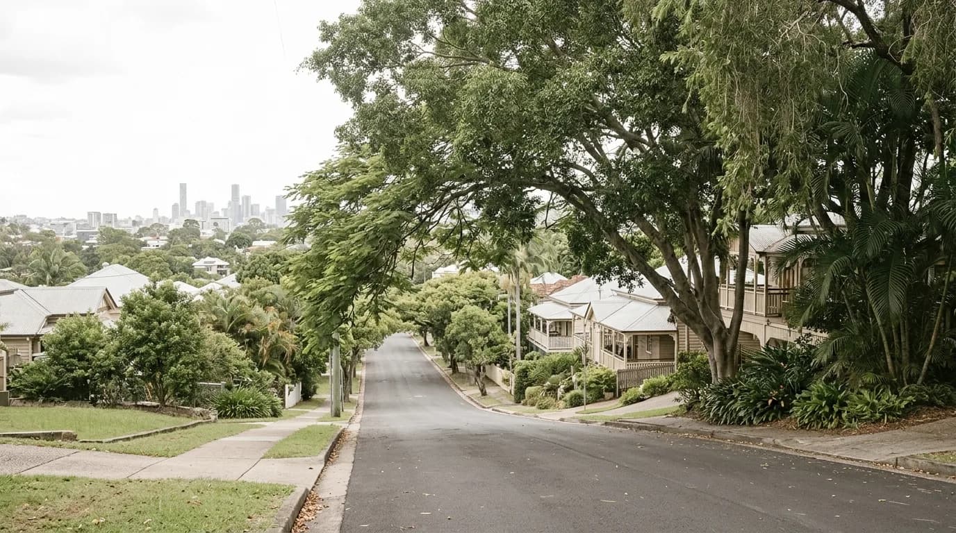 A leafy inner-Brisbane street descending a hill, large mature street trees over timber Queenslanders, the city towers visible in the distance
