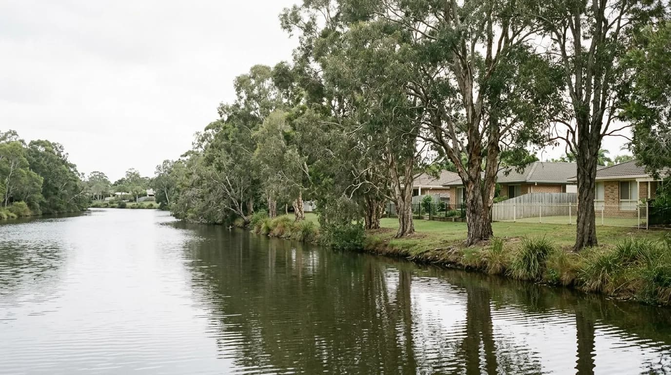 A suburban waterway on the northern Gold Coast with mature eucalypts and paperbarks along its grassed bank and low-rise houses set back behind the trees