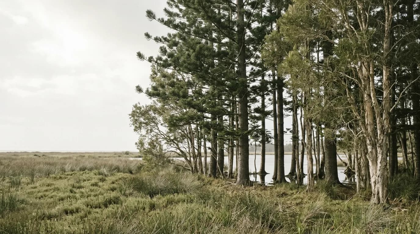 Tall hoop pines and paperbark melaleucas standing over low coastal wetland flats, reedy ground running to still water beyond