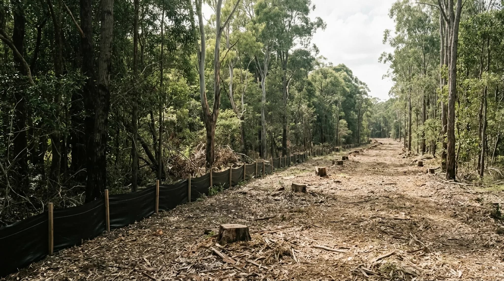 A partly cleared vegetation corridor through bushland on a development site with cut stumps and dense retained trees either side