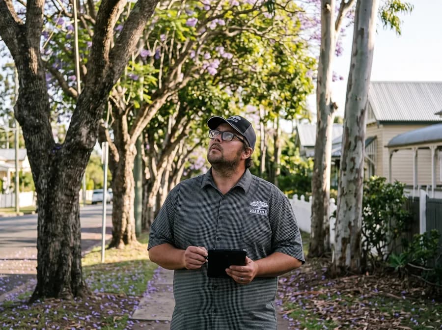 Adam De Regt assessing mature protected street trees from a suburban footpath