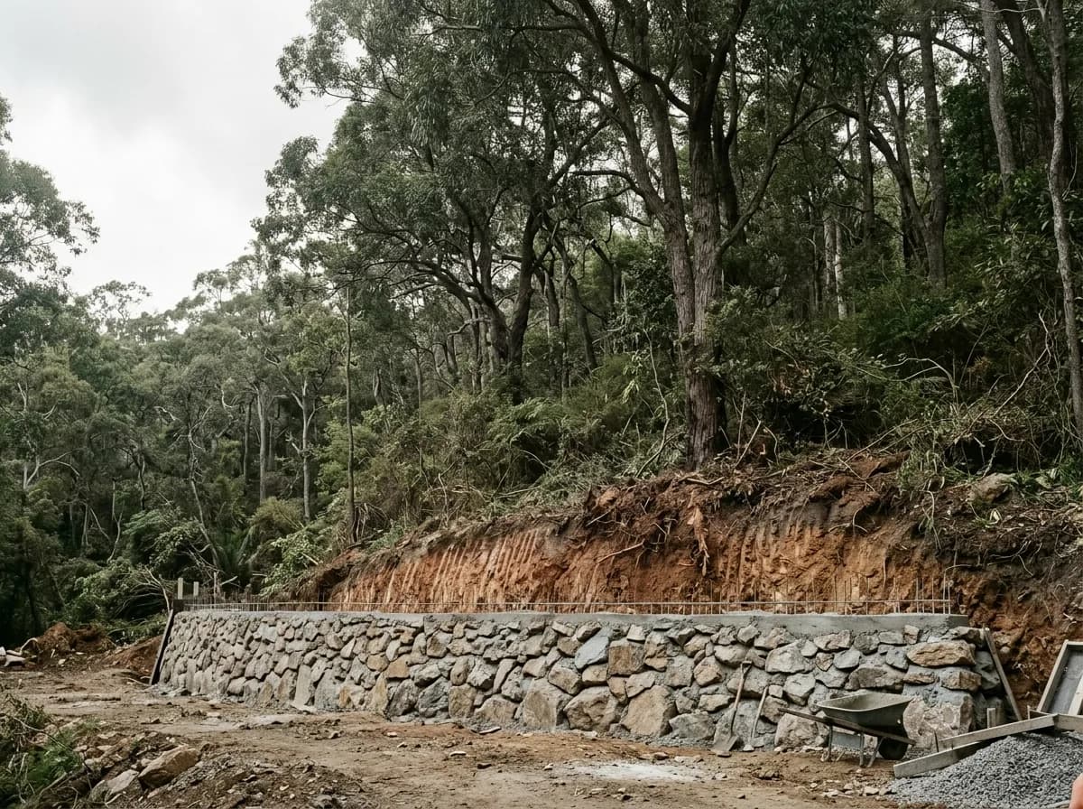 A rock retaining wall under construction at the foot of a steep bank, established trees standing on the slope above