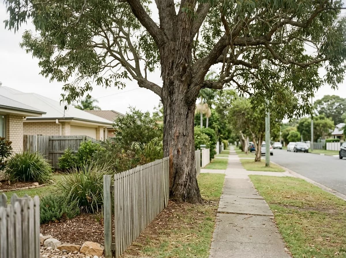 A mature tree growing on a property boundary, private garden on one side of the trunk and public footpath on the other