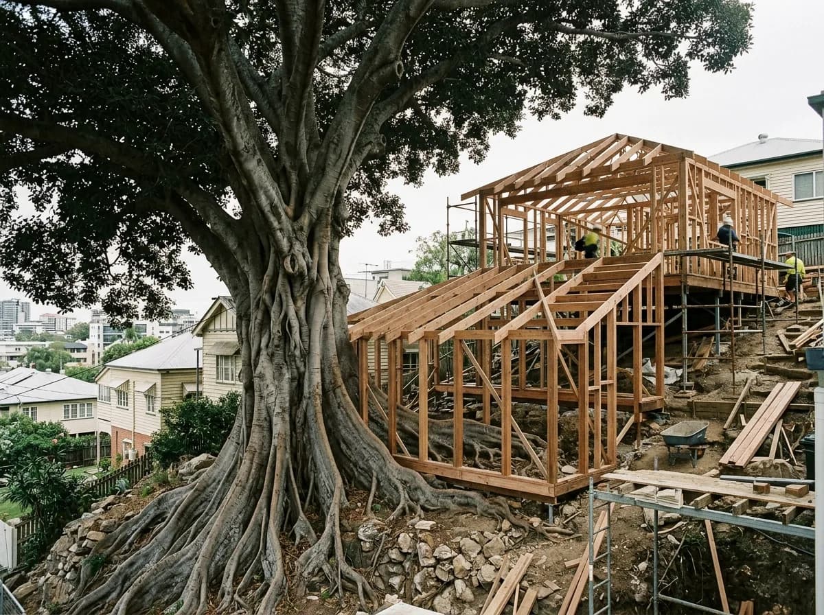 A large buttressed fig on a steep block with a new timber house frame stepping up the slope around it