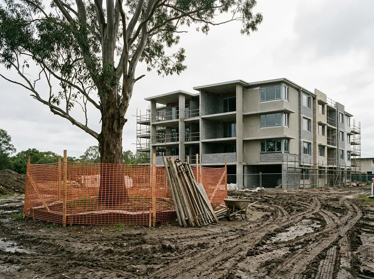 Orange protection fencing ringing a retained eucalypt, an advanced residential build behind it and months of vehicle tracks across the site