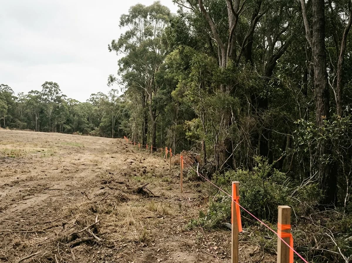 The line where retained native vegetation meets a cleared building envelope, marked out with survey pegs and tape