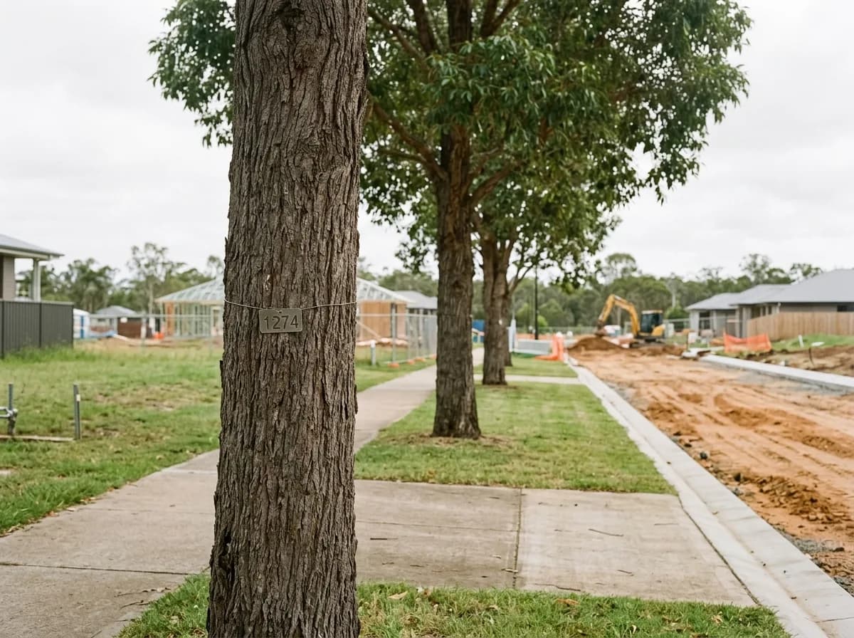 Mature council street trees along a suburban verge, the nearest carrying a small survey tag, subdivision earthworks beyond
