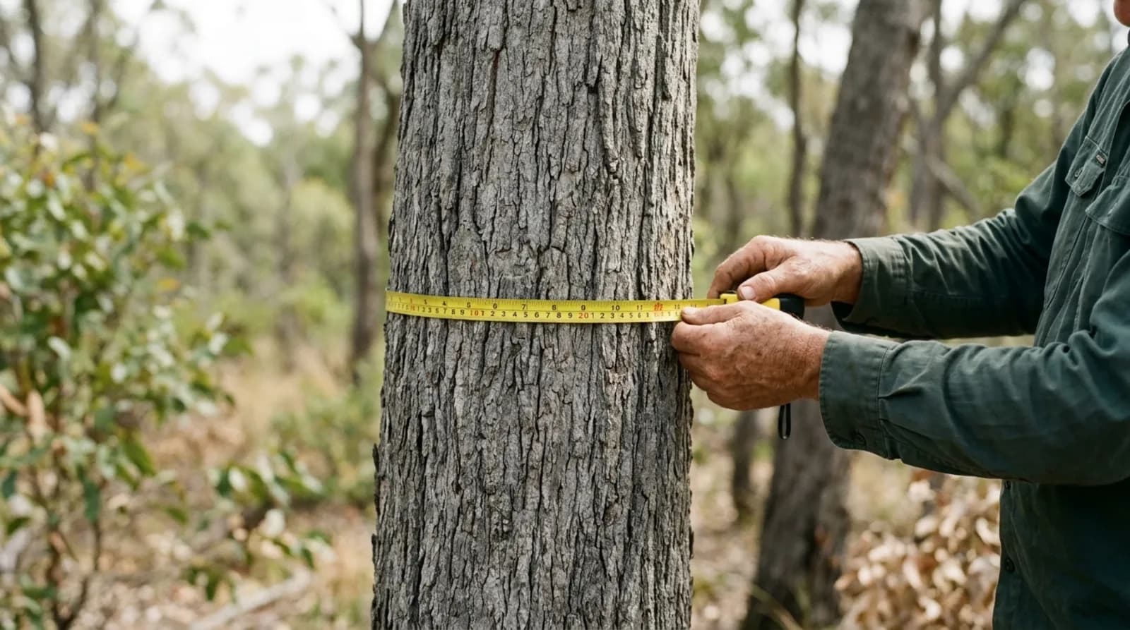 A yellow diameter tape drawn taut around a tree trunk at chest height