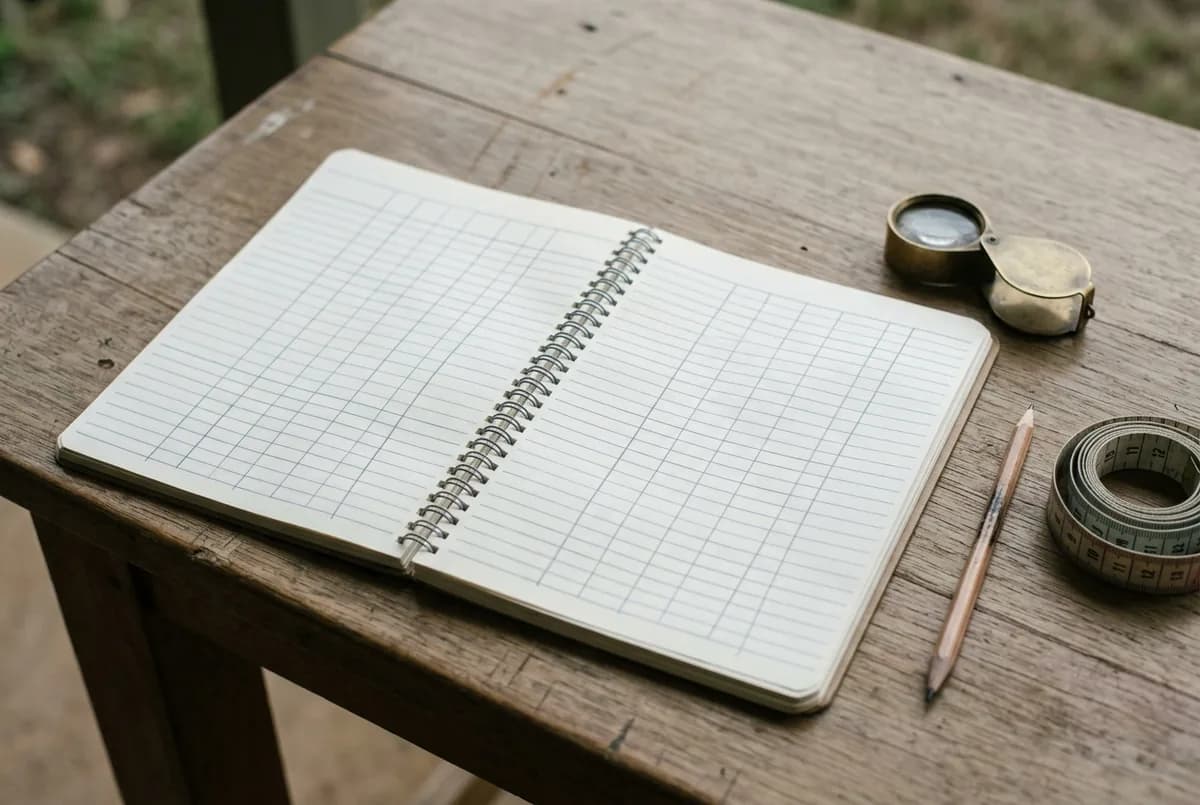 A field notebook ruled into a blank inspection grid resting on a timber desk beside a hand lens, a pencil and a folded diameter tape