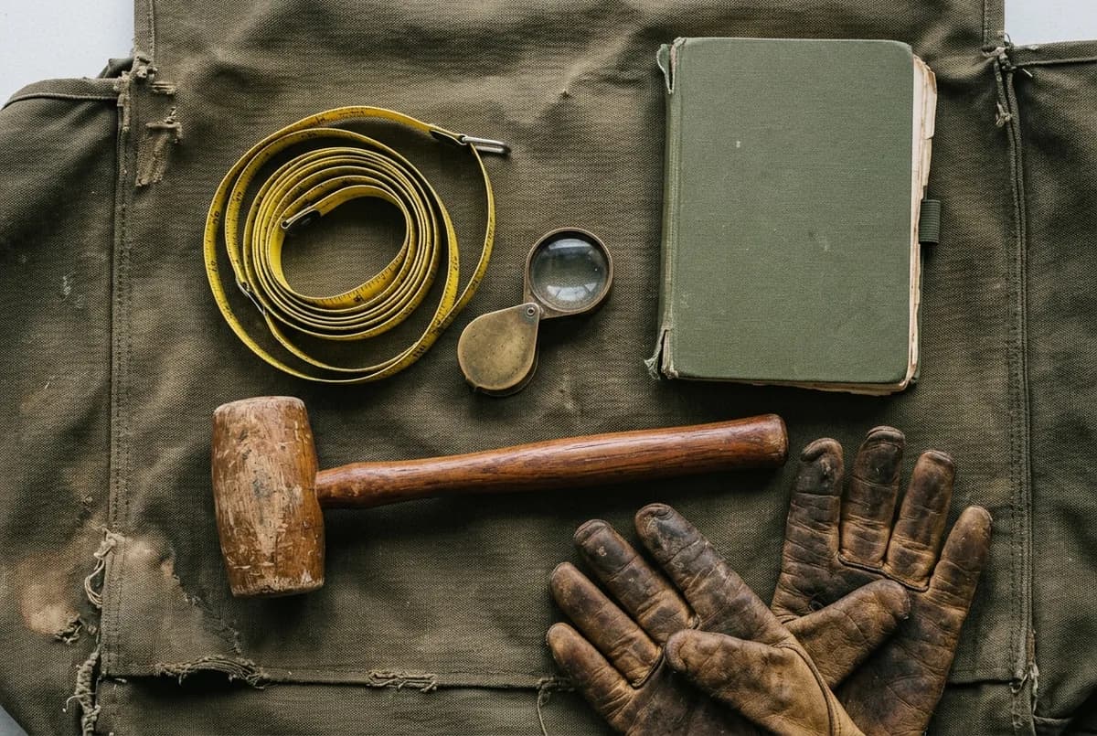 A consulting arborist's field kit laid out on a canvas bag — diameter tape, hand lens, sounding mallet, gloves and a field notebook