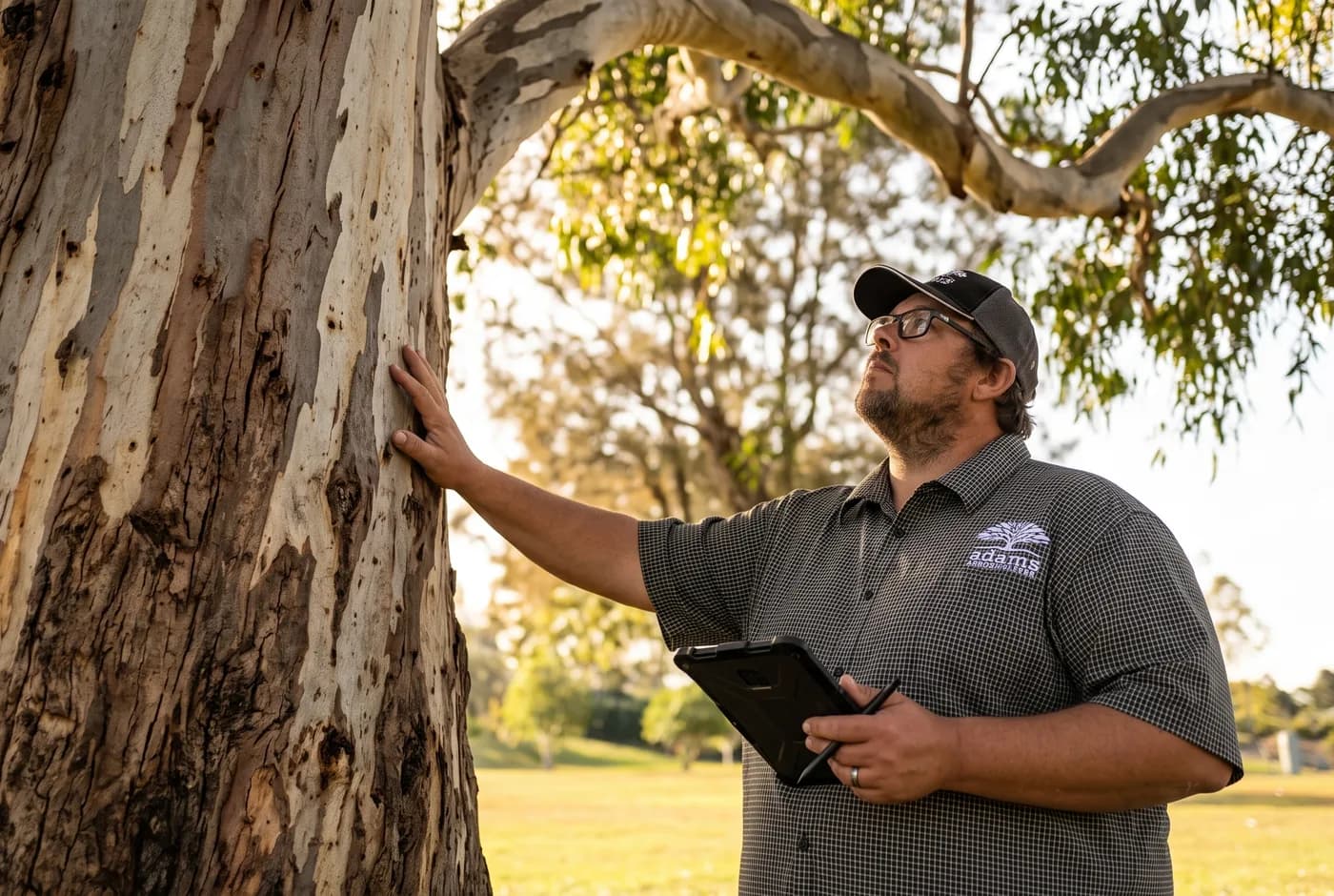 Adam De Regt with a hand against the trunk of a large mature eucalypt, looking up into the canopy