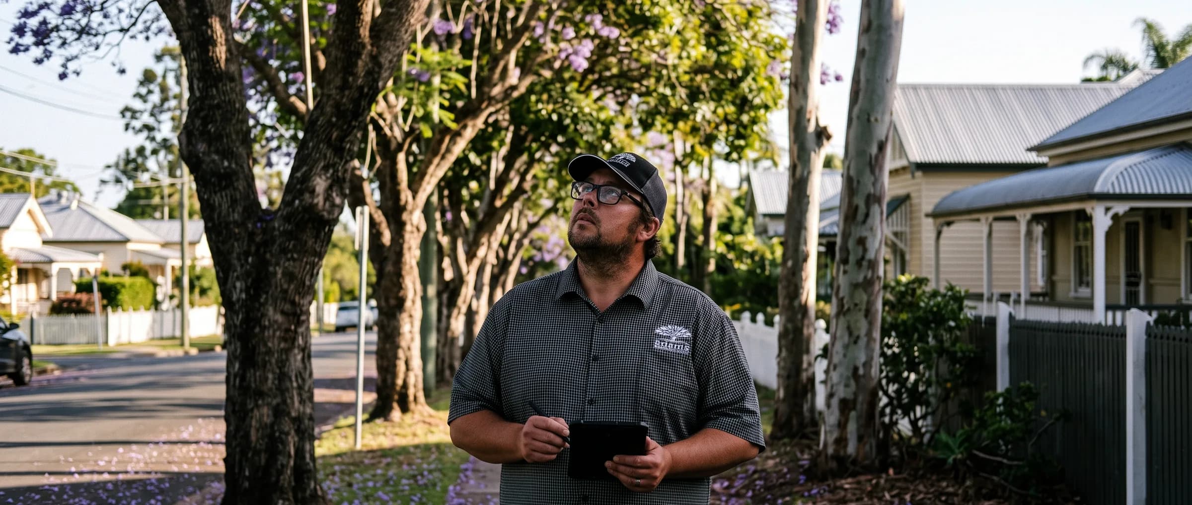 Adam De Regt assessing mature protected street trees from a suburban footpath, timber Queenslanders behind the verge