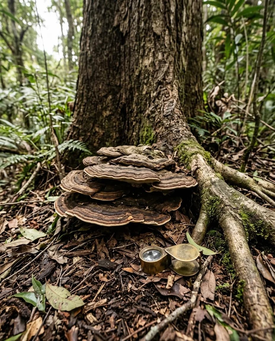A bracket fungus growing from the base of a mature trunk beside exposed buttress roots, a hand lens resting on the mulch alongside