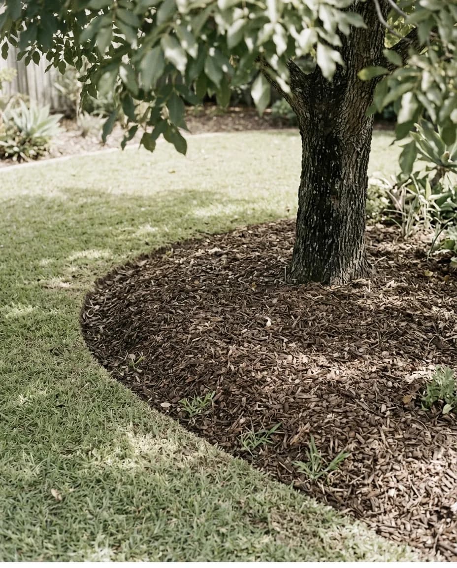 A mulched ring around the base of an established tree in a garden setting, fresh mulch spread evenly to the drip line
