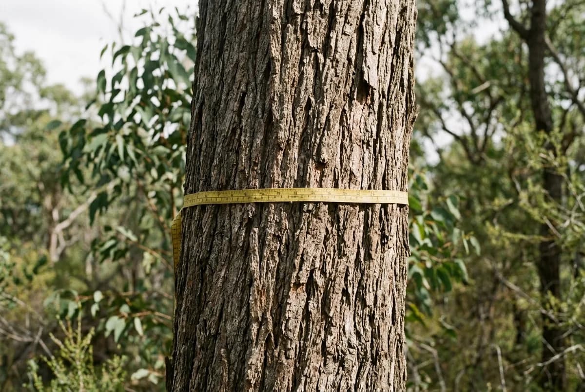 A yellow diameter tape drawn taut around a mature tree trunk at chest height, the bark texture clear beneath it