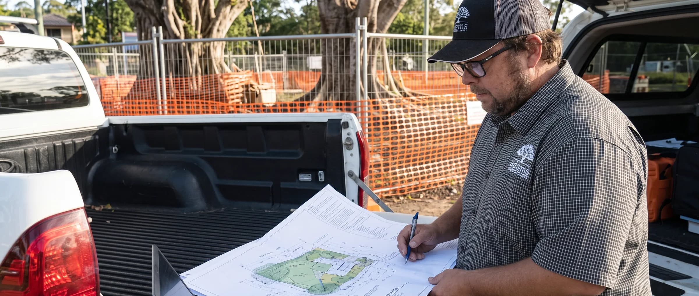 Adam De Regt marking up site plans spread across the open tailgate of a ute at the edge of a fenced construction site