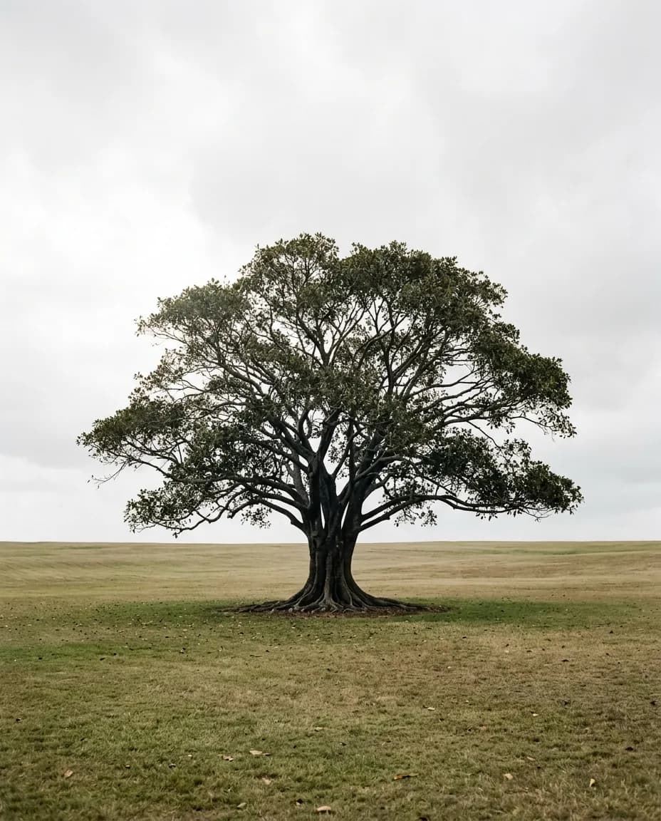 A single mature spreading tree standing alone in open parkland with no equipment, fencing or works anywhere in frame
