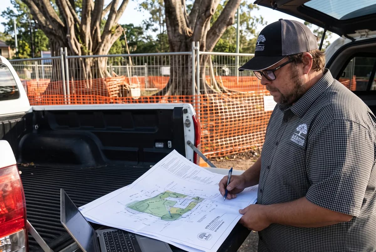 An open field notebook with a hand-ruled inspection grid, a mechanical pencil and a brass hand lens resting on the weathered tailgate of a ute