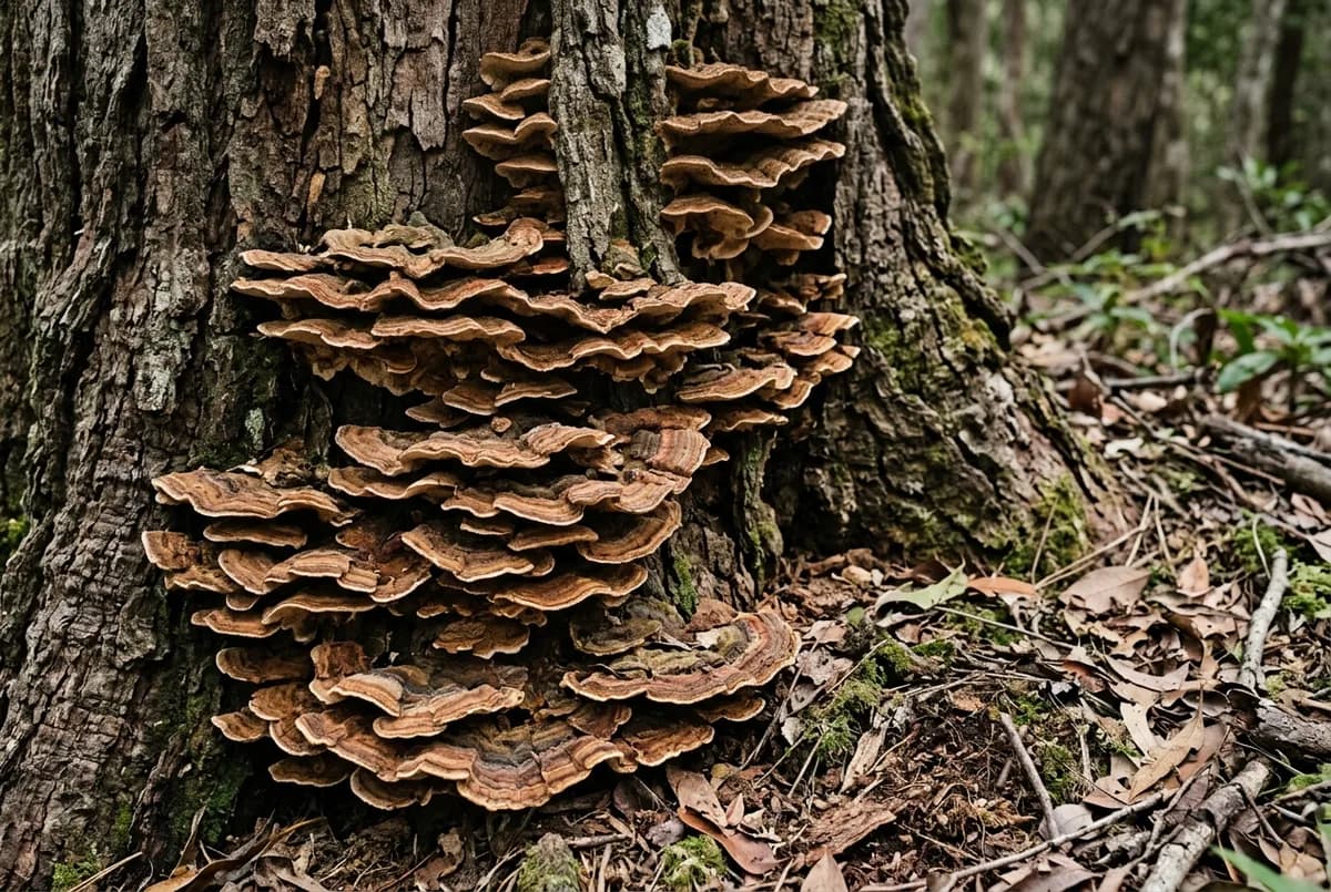 Layered bracket fungi growing from the lower trunk of a mature tree with the bark cracked and lifting around them