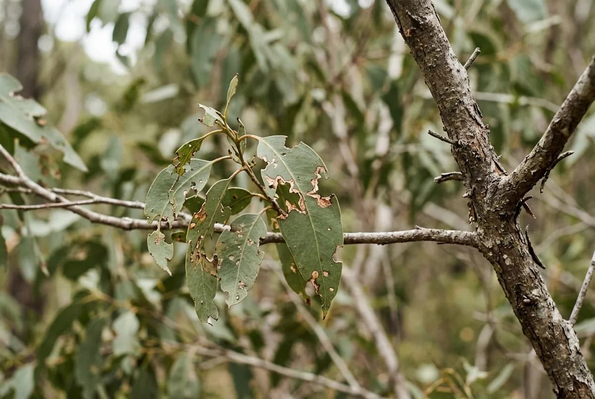 A close view of a eucalypt leaf cluster showing insect damage and chewed leaf margins on an otherwise healthy branch