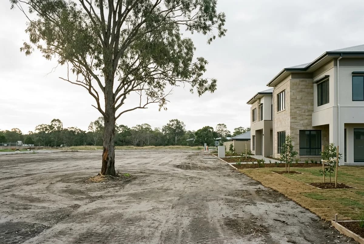 A retained tree standing in bare compacted ground beside a newly completed building, the soil scraped flat and hard around its base