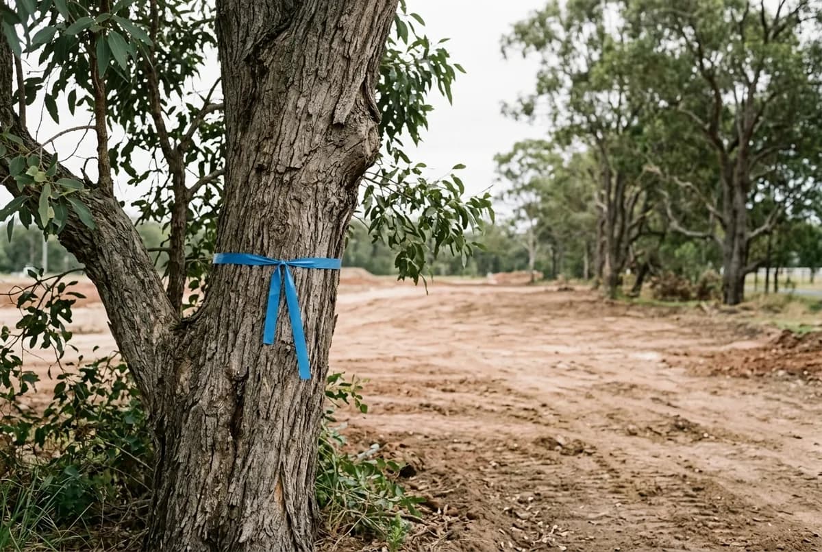 A mature tree trunk on a development site with a marker ribbon tied around it at chest height, bare ground and cleared area beyond