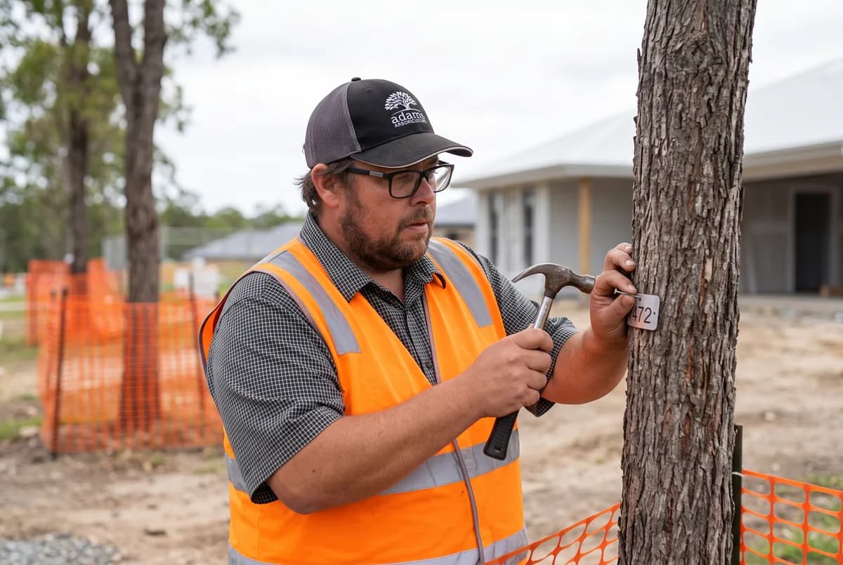 A numbered aluminium identification tag fixed to a trunk in the foreground with more tagged mature trees receding across an open grassed site