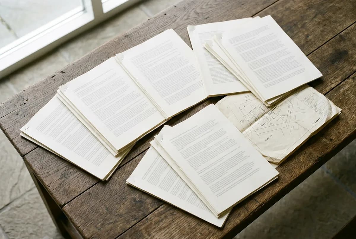 Several separate document sets fanned out across a timber table with a folded site plan tucked beneath one of them