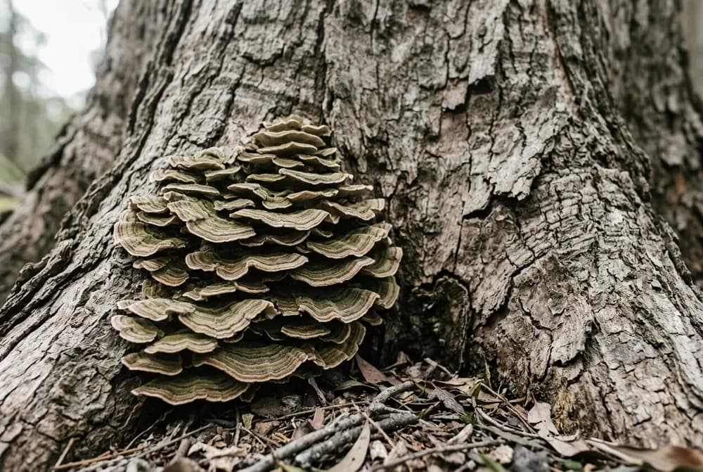 Layered bracket fungi growing from the lower trunk of a mature tree, bark cracked and lifting around them