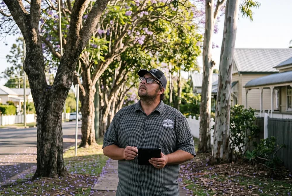 Adam De Regt assessing mature street trees from a suburban footpath