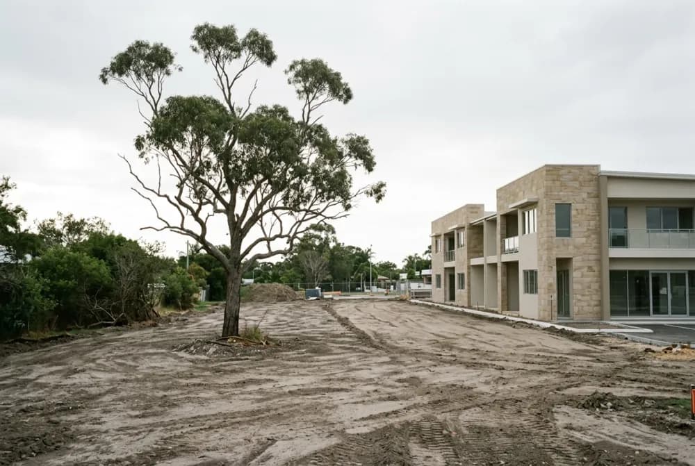 A retained tree standing in compacted bare ground beside a newly finished building, the soil scraped flat around its base