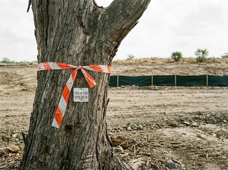 A mature trunk on a development site with a marker ribbon tied around it at chest height