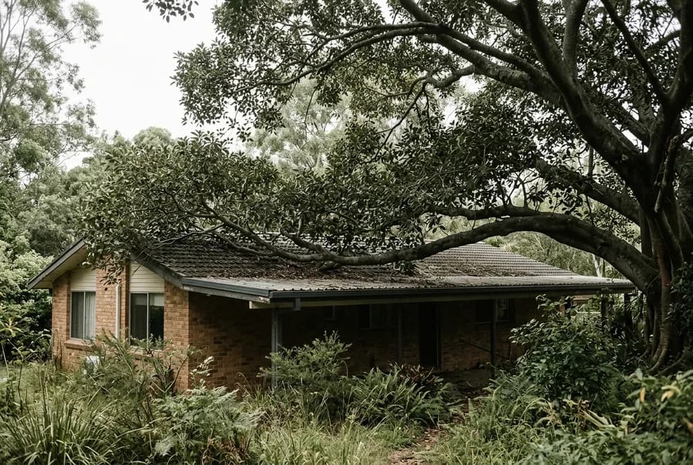 A large mature tree overhanging the roofline of a single-storey house, seen from the yard below