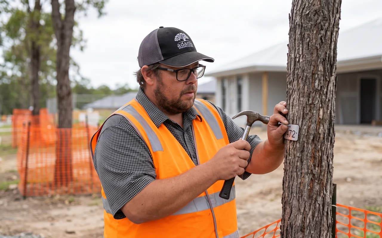 Adam De Regt fixing a numbered identification tag to a tree trunk on a construction site