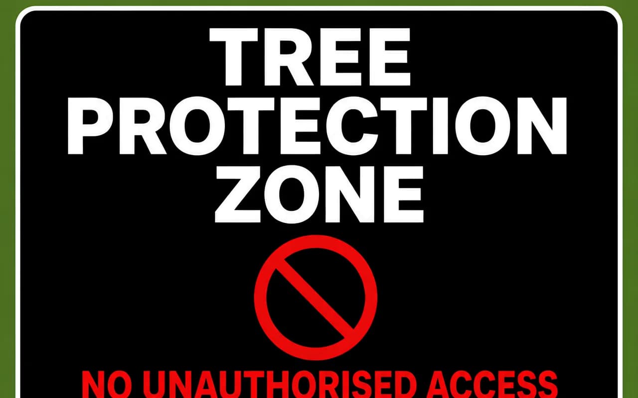 A tree protection zone sign fixed to site fencing, setting out that no unauthorised access is permitted inside the fenced area