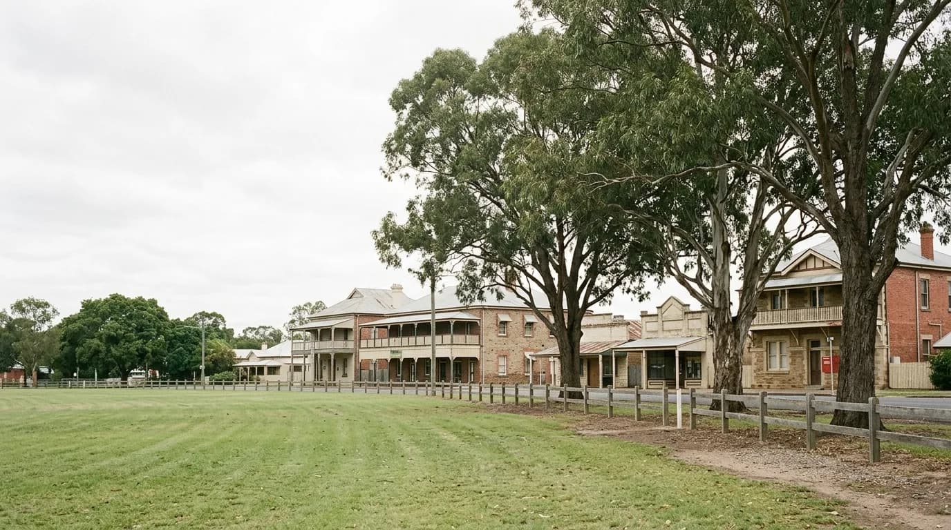 The edge of an older Queensland town centre, large mature eucalypts standing over a wide grassed reserve with brick and rendered heritage buildings behind
