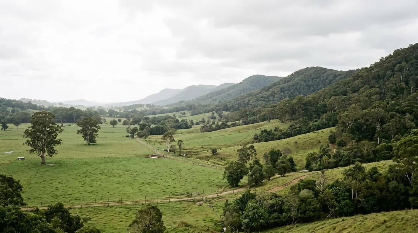 A Sunshine Coast hinterland valley with heavily treed ridgelines rising on either side and cleared green pasture along the valley floor