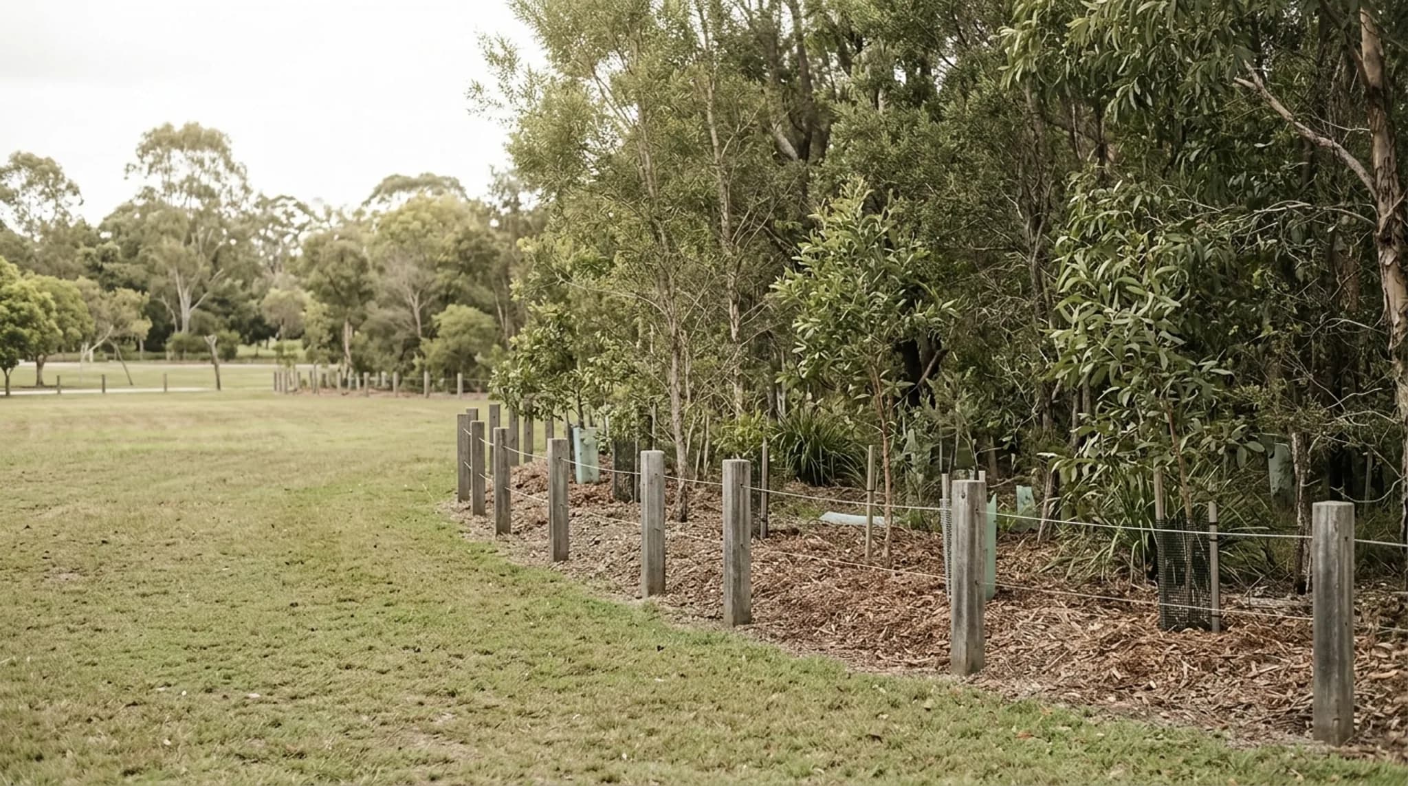 An area of managed regenerating native vegetation behind a low bollard fence at the edge of a park, mulched ground and young trees