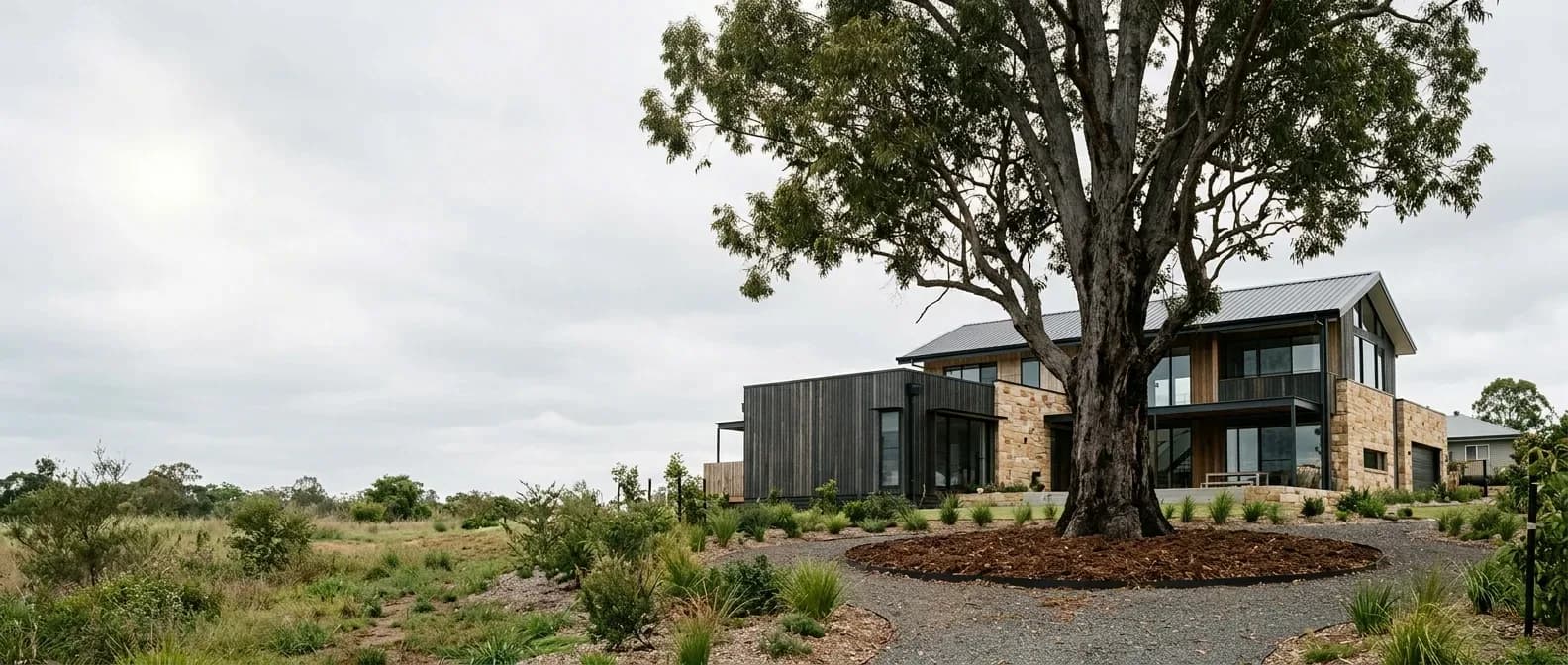 A large established eucalypt standing beside a completed contemporary house, the protection fencing gone and the mulch ring still at its base