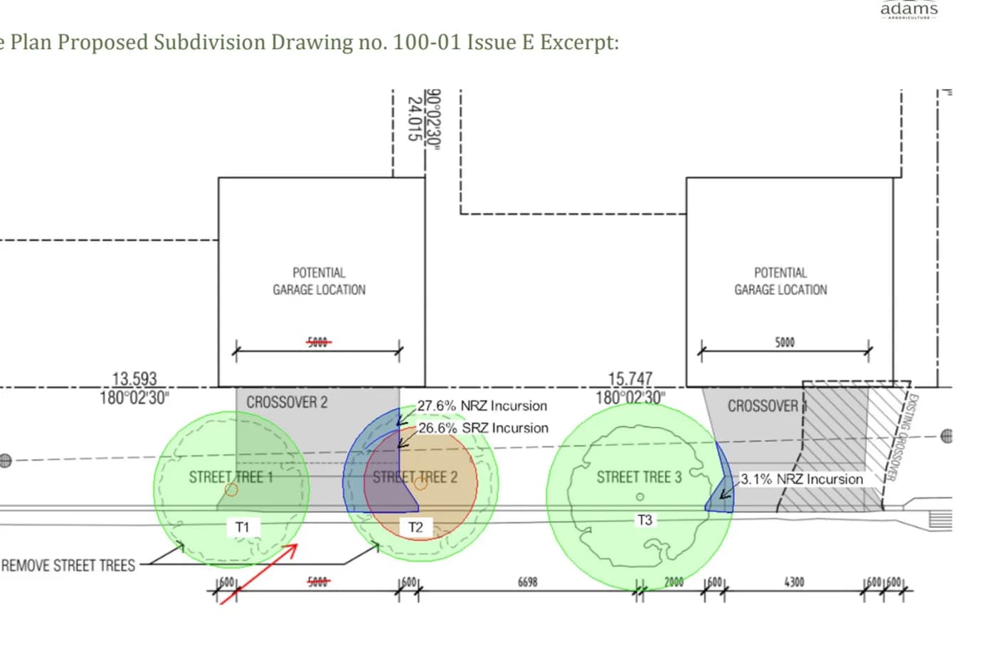 An excerpt from a tree protection drawing showing root zones drawn over street trees against a proposed subdivision layout, with the encroachment percentages noted